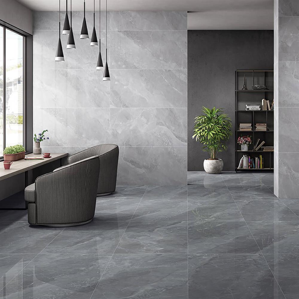 Modern lving room with grey marble floor and wall tiles